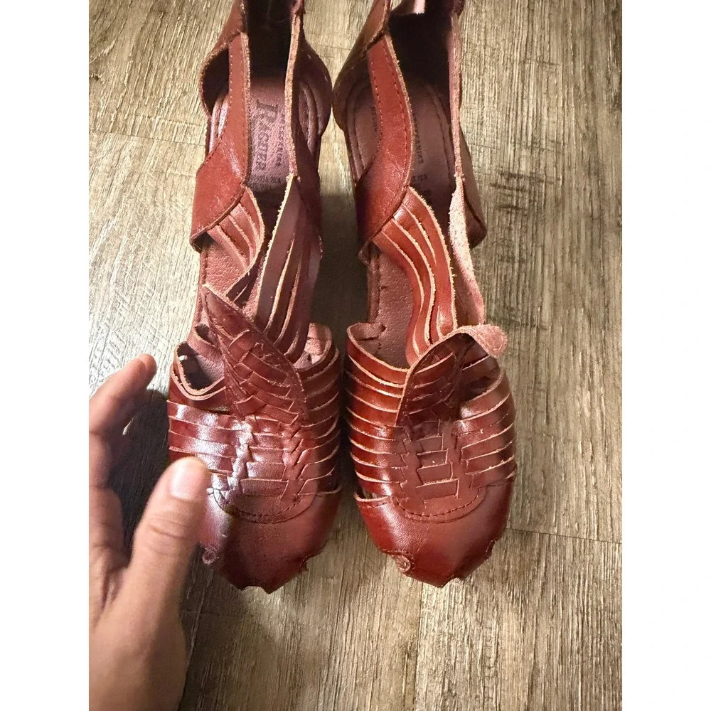 Women’s Woven Leather Wedge Sandals — Rust Brown